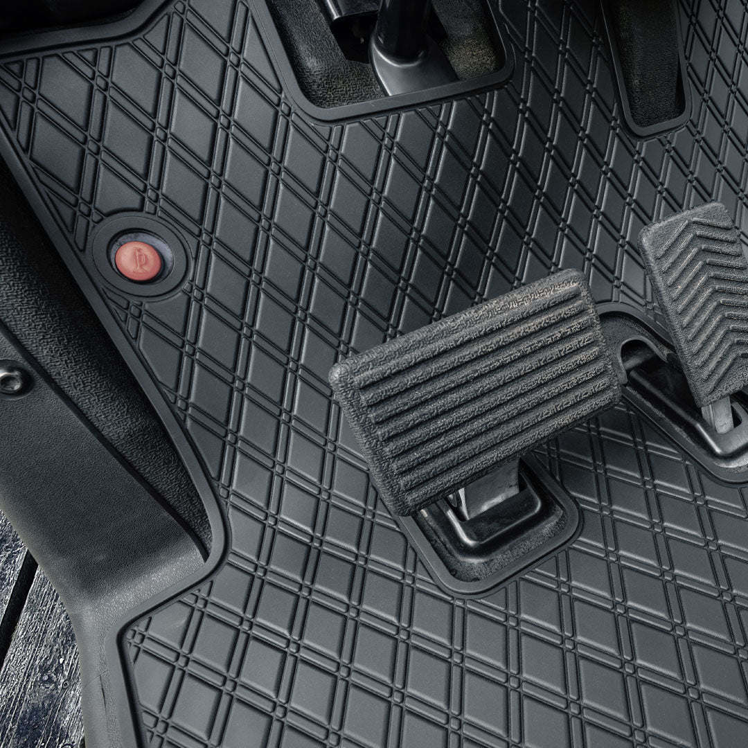 All Black - E-Z-GO golf cart floor mat black diamond design with red trim full coverage