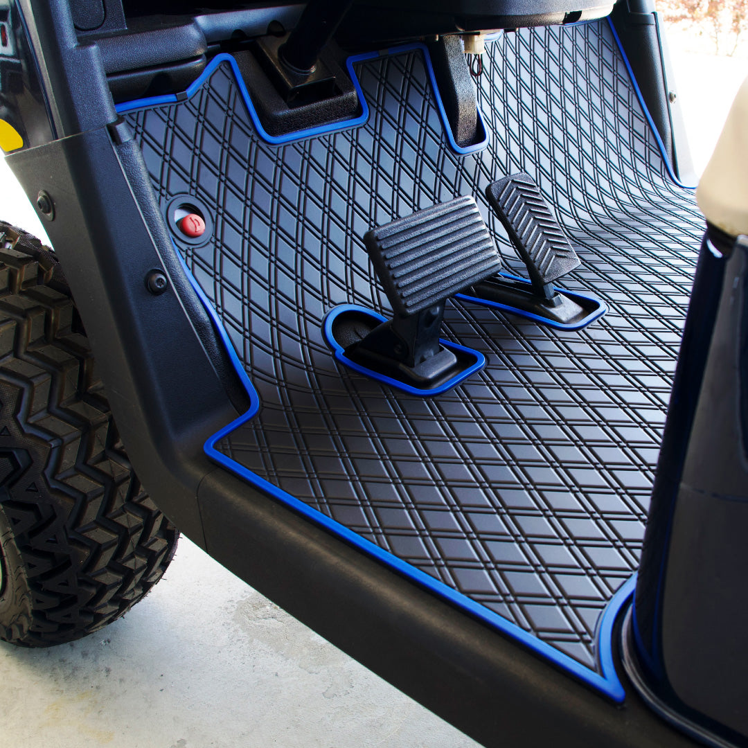 Blue Trim - E-Z-GO golf cart floor mat black diamond design with red trim full coverage