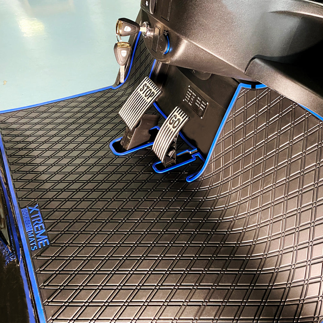 ICON and Advanced EV golf cart floor mat black diamond design with blue trim full coverage #trim-color_blue-trim