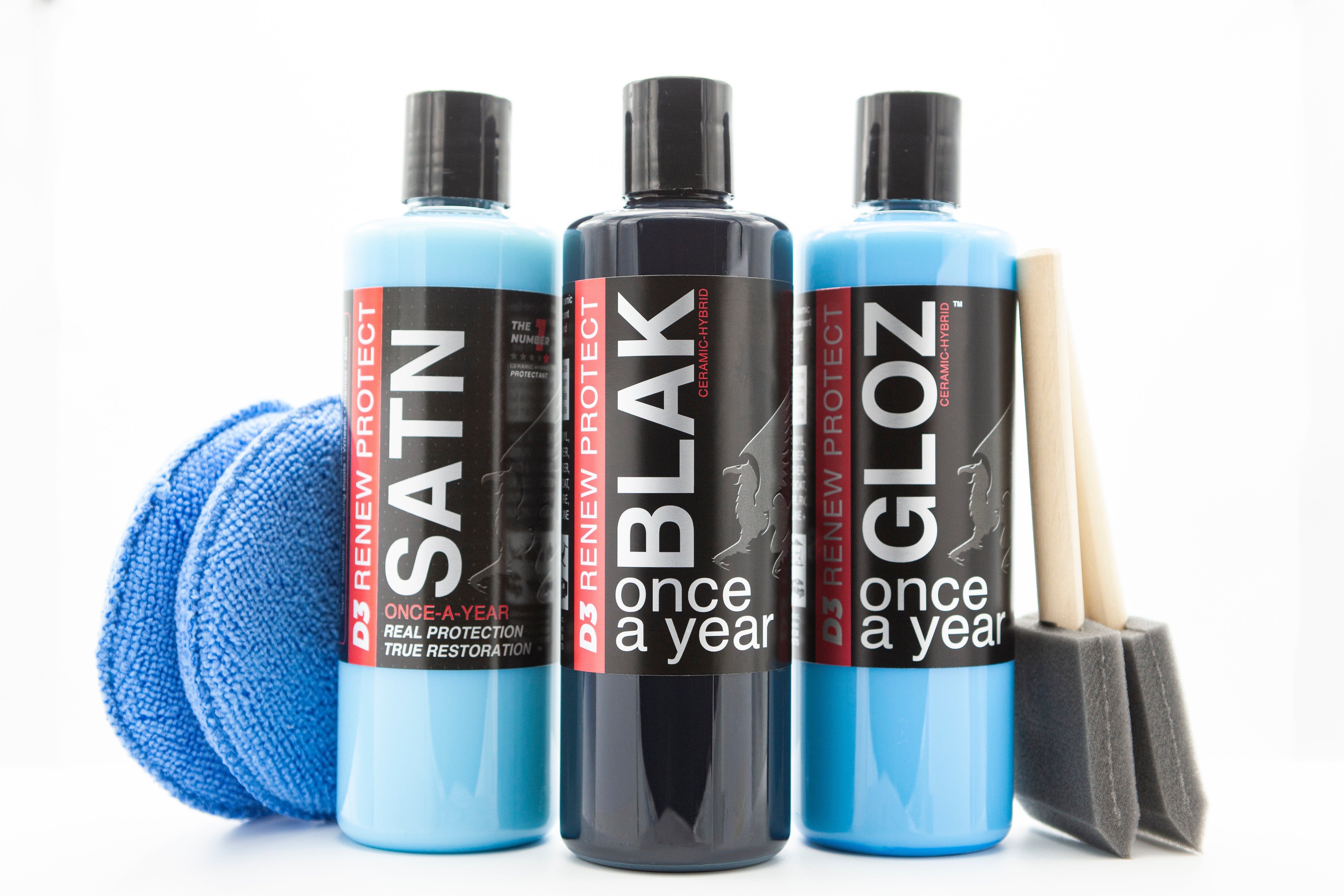 HOME SET or SHOP SET w/ 2 PREP - BLAK + GLOZ + SATN KIT, 100% OEM Color Restoration, Dry Rot Prevention, RV, Boat, Motorcycle & Golf Cart-Safe D3 RENEW PROTECT