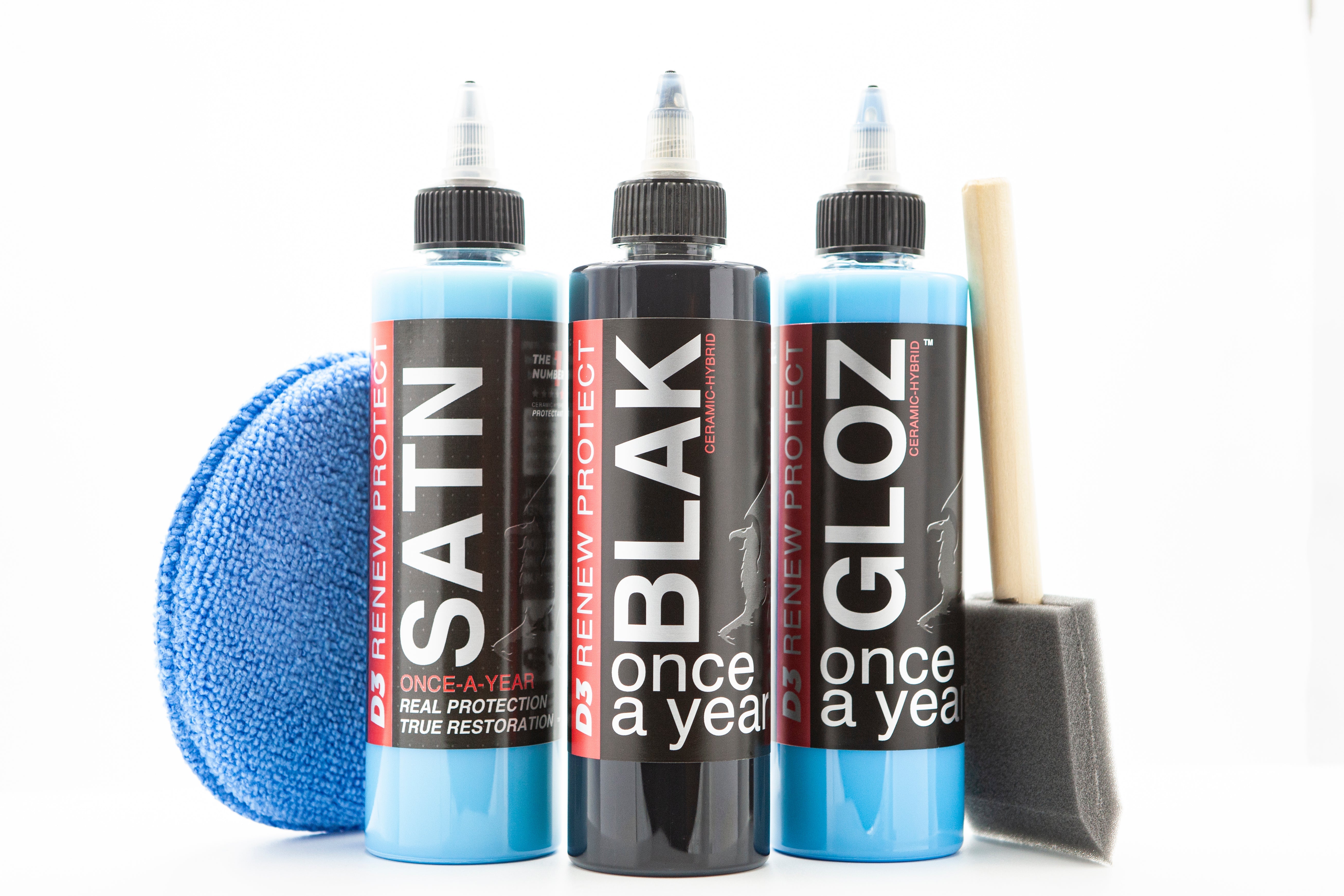 HOME SET or SHOP SET w/ 2 PREP - BLAK + GLOZ + SATN KIT, 100% OEM Color Restoration, Dry Rot Prevention, RV, Boat, Motorcycle & Golf Cart-Safe D3 RENEW PROTECT