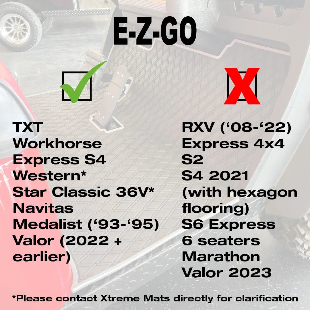 E-Z-GO Floor Mats - Fits All TXT Trims (1996+)/S2 (2020 & earlier) / Workhorse/Express S4 (2020 & earlier)/Valor (2022 & earlier)/Medalist 1993-1995/Cushman/TXT Style Navitas Frame