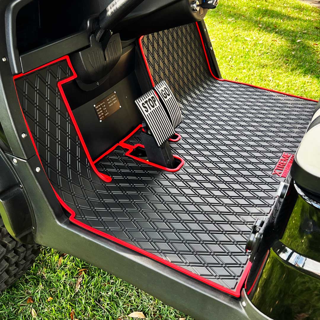 ICON and Advanced EV golf cart floor mat black diamond design with red trim full coverage #trim-color_red-trim