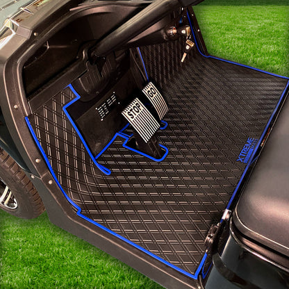 ICON and Advanced EV golf cart floor mat black diamond design with blue trim full coverage 