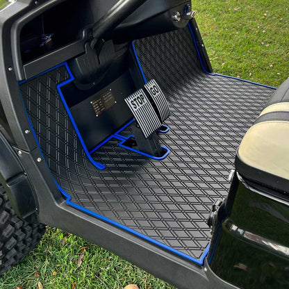 ICON and Advanced EV golf cart floor mat black diamond design with blue trim full coverage 
