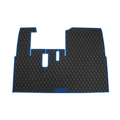 ICON and Advanced EV golf cart floor mat black diamond design with blue trim full coverage 