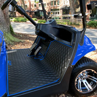 ICON and Advanced EV golf cart floor mat black diamond design with blue trim coverage