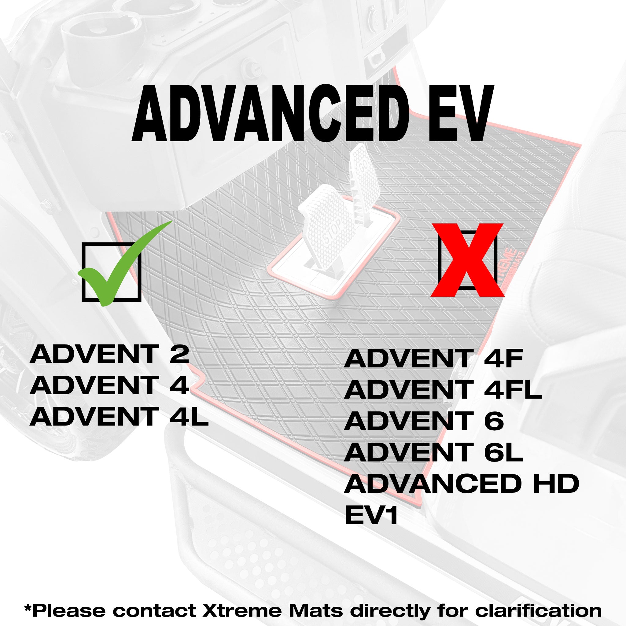 Compatibility of the Advanced EV Advent 2 / Advent 4 Golf Cart Floor Mat 