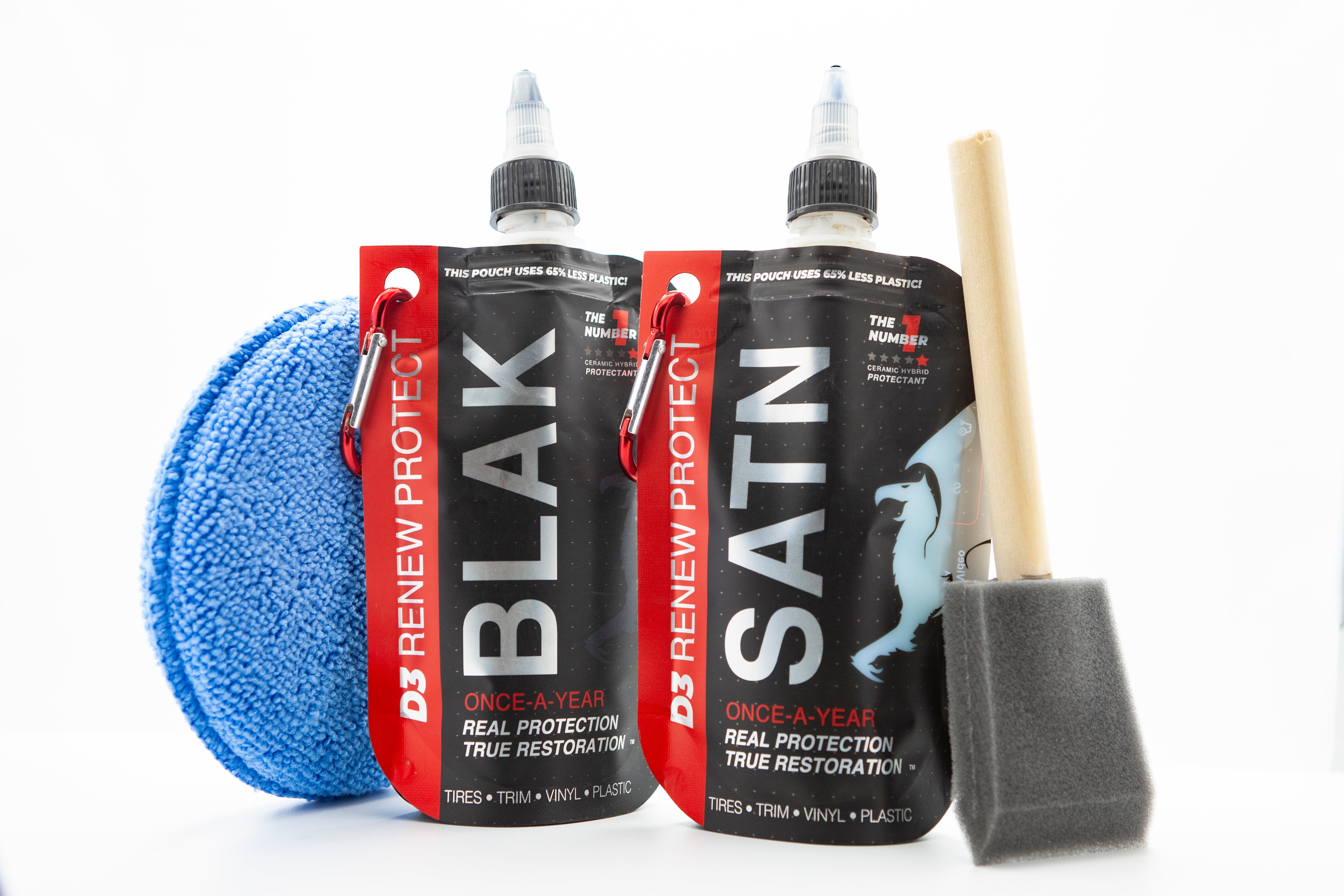 2-Pack Ceramic-Hybrid Protectant Kit | BLAK & SATN 100ml | 4-12 Months Tire, 1-2 Years Trim & Vinyl Protection | Safe for Cars, Golf Carts, RVs, Motorcycle-Safe D3 RENEW PROTECT
