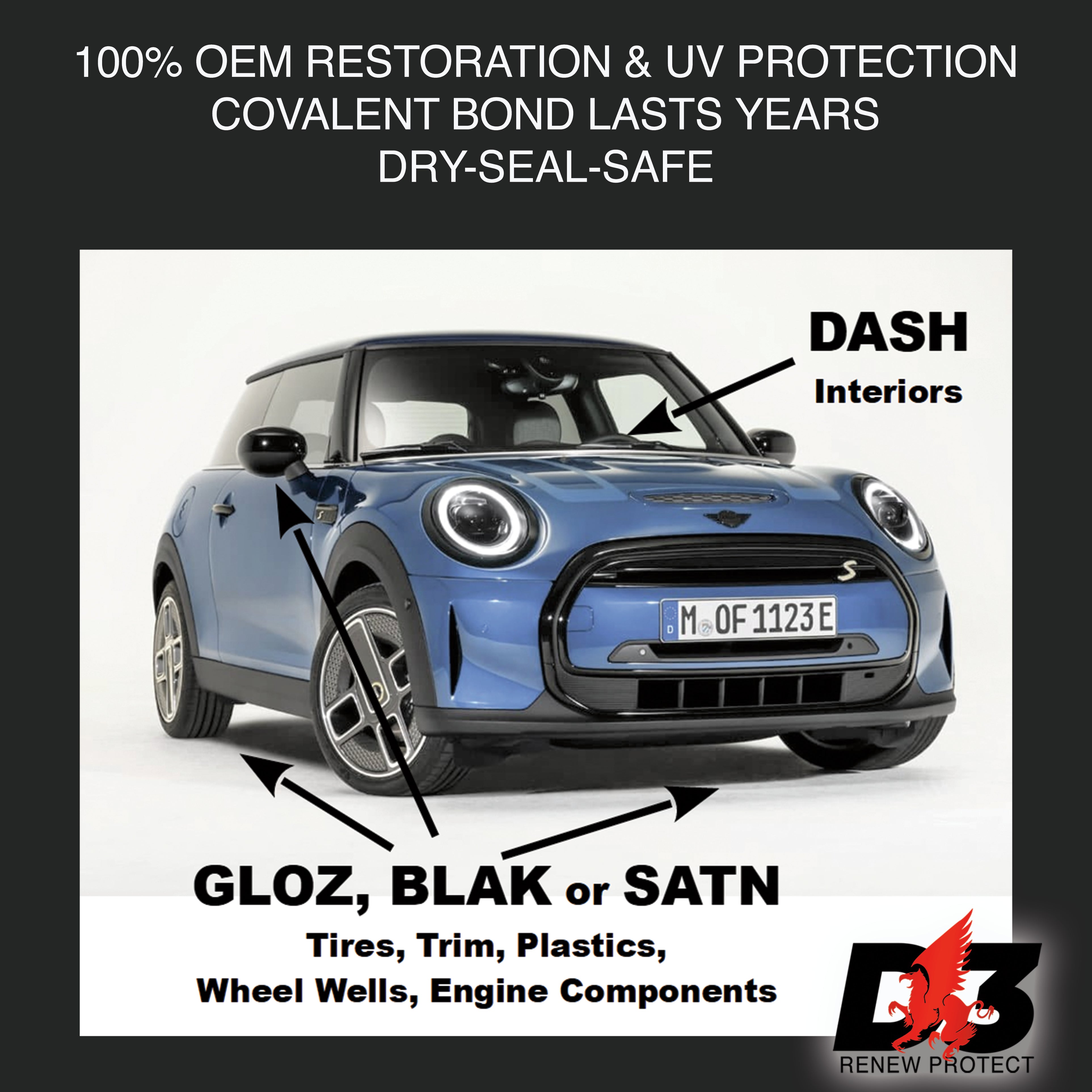DASH - Permanent Interior Protectant & Dash Repair, Low-Glare Dry Seal & UV Block for Car Dash, Plastics, Coated Leather, Vinyl (1.2 oz per auto) D3 RENEW PROTECT