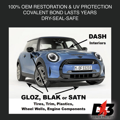 DASH - Permanent Interior Protectant & Dash Repair, Low-Glare Dry Seal & UV Block for Car Dash, Plastics, Coated Leather, Vinyl (1.2 oz per auto) D3 RENEW PROTECT