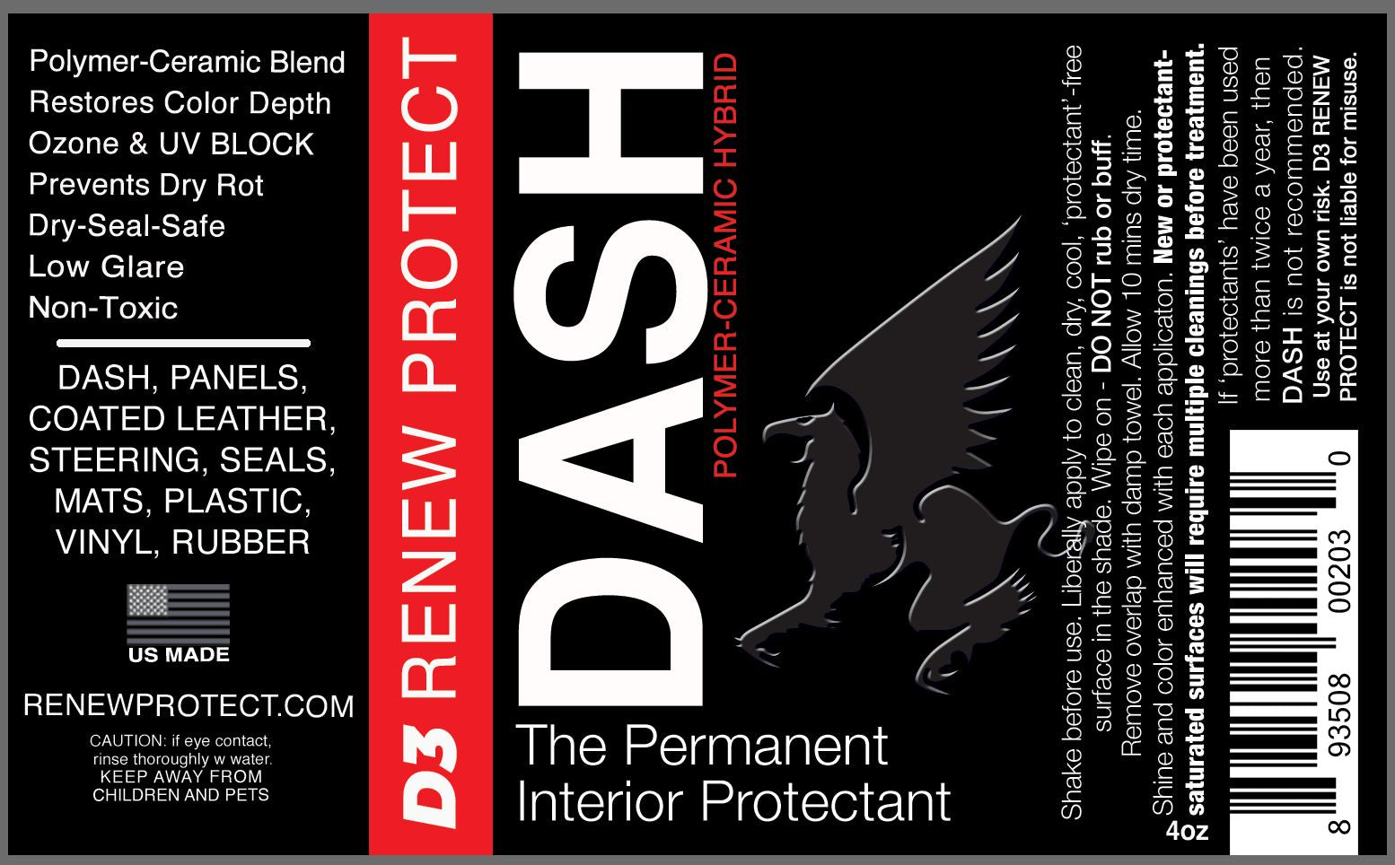 DASH - Permanent Interior Protectant & Dash Repair, Low-Glare Dry Seal & UV Block for Car Dash, Plastics, Coated Leather, Vinyl (1.2 oz per auto) D3 RENEW PROTECT
