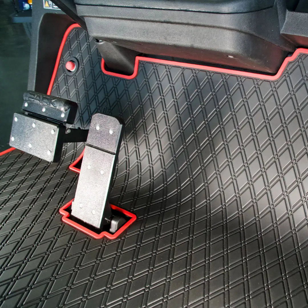 E-Z-GO TXT golf cart floor mat black diamond design with red trim full coverage