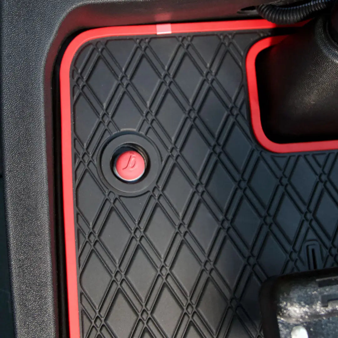 E-Z-GO golf cart floor mat black diamond design with red trim full coverage