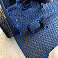 Blue trim- E-Z-GO golf cart floor mat black diamond design with blue trim full coverage