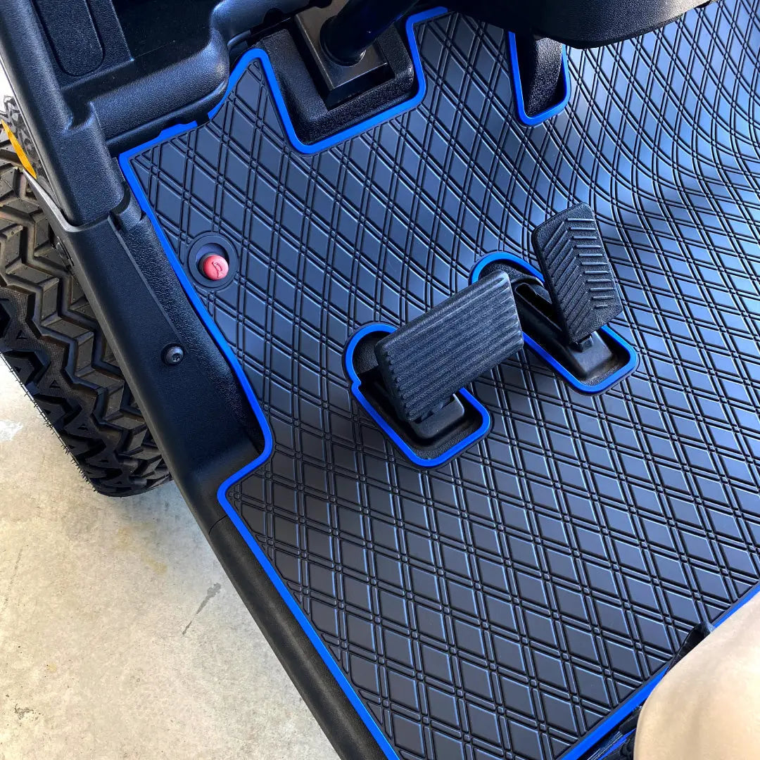 Blue trim- E-Z-GO golf cart floor mat black diamond design with blue trim full coverage