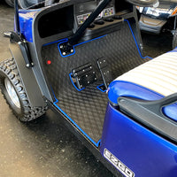 E-Z-GO TXT golf cart floor mat black diamond design with blue trim full coverage- E-Z-GO TXT Floor Mats - Fits All TXT Trims (1996+)/S2 (2020 & earlier) / Workhorse/Express S4 (2020 & earlier)/Valor (2022 & earlier)/Medalist 1993-1995/Cushman/TXT Style Navitas Frame