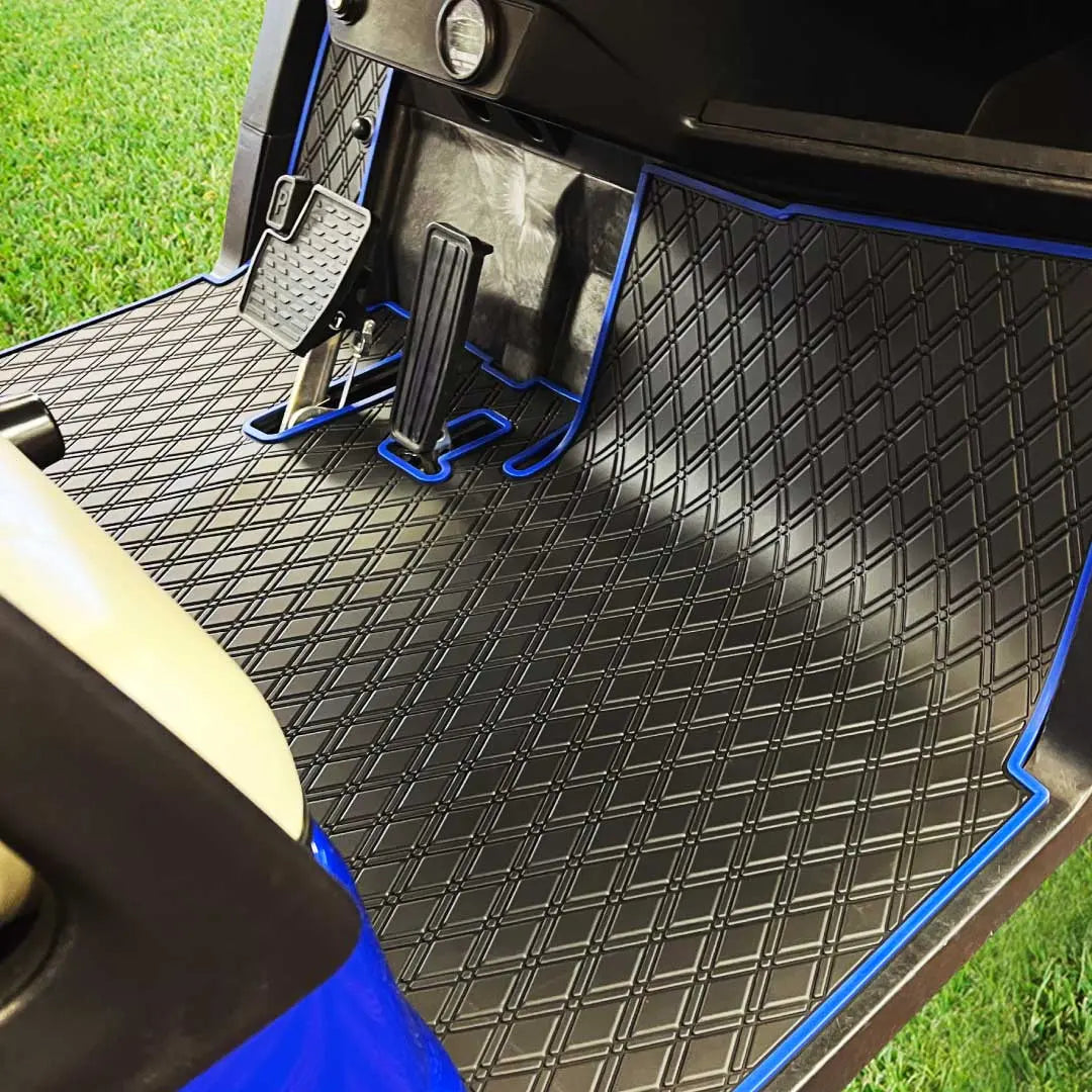 Blue trim yamaha golf cart floor mat black diamond design with blue trim coverage