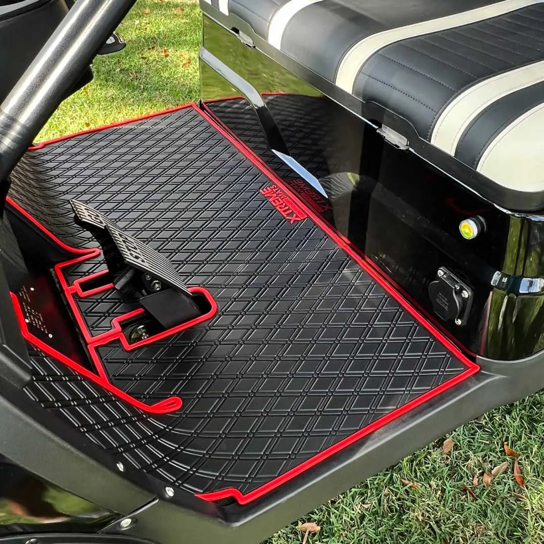 ICON and Advanced EV golf cart floor mat black diamond design with red trim coverage