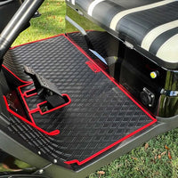 ICON and Advanced EV golf cart floor mat black diamond design with red trim coverage