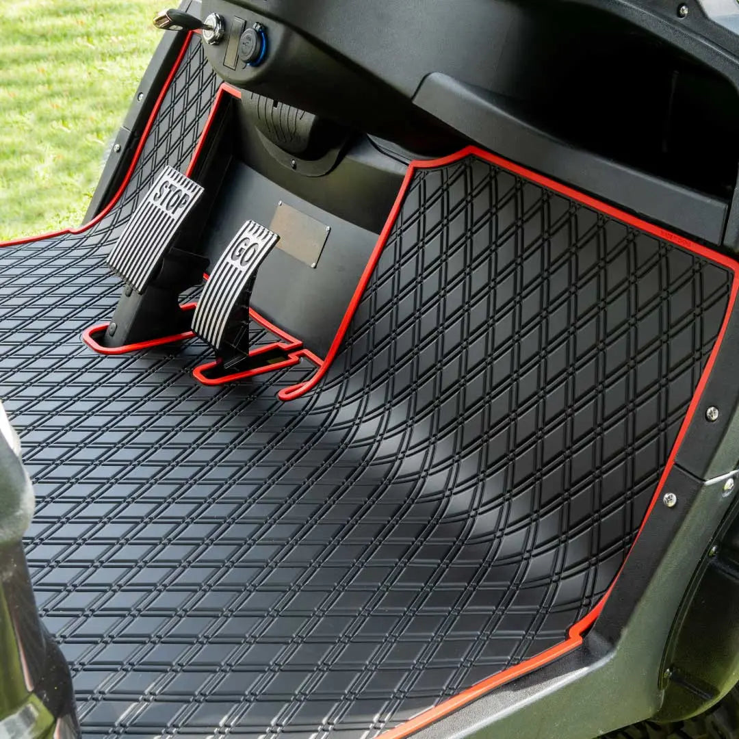 ICON and Advanced EV golf cart floor mat black diamond design with red trim coverage