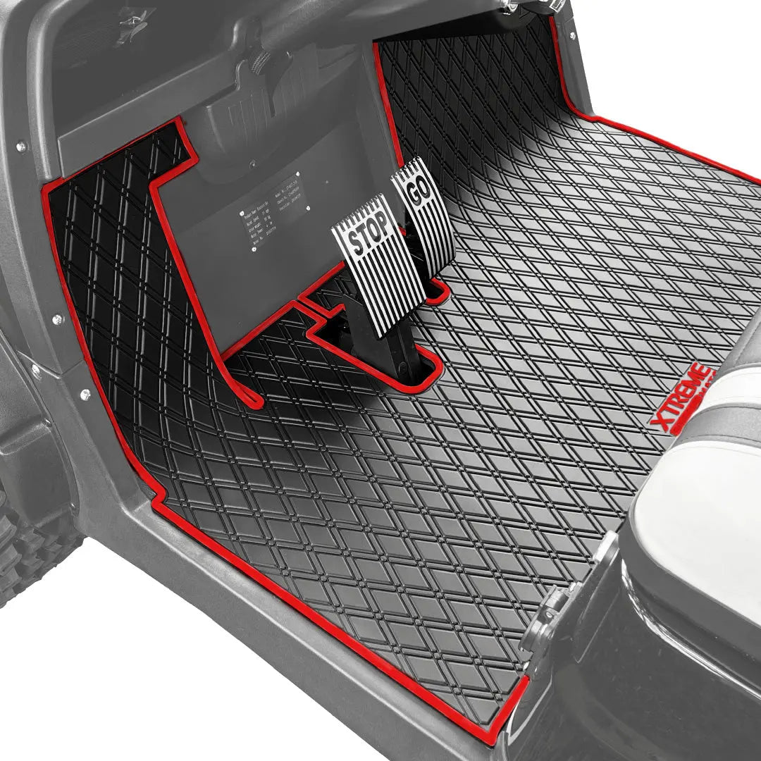 ICON and Advanced EV golf cart floor mat black diamond design with red trim coverage