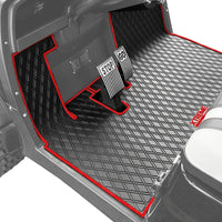 ICON and Advanced EV golf cart floor mat black diamond design with red trim coverage