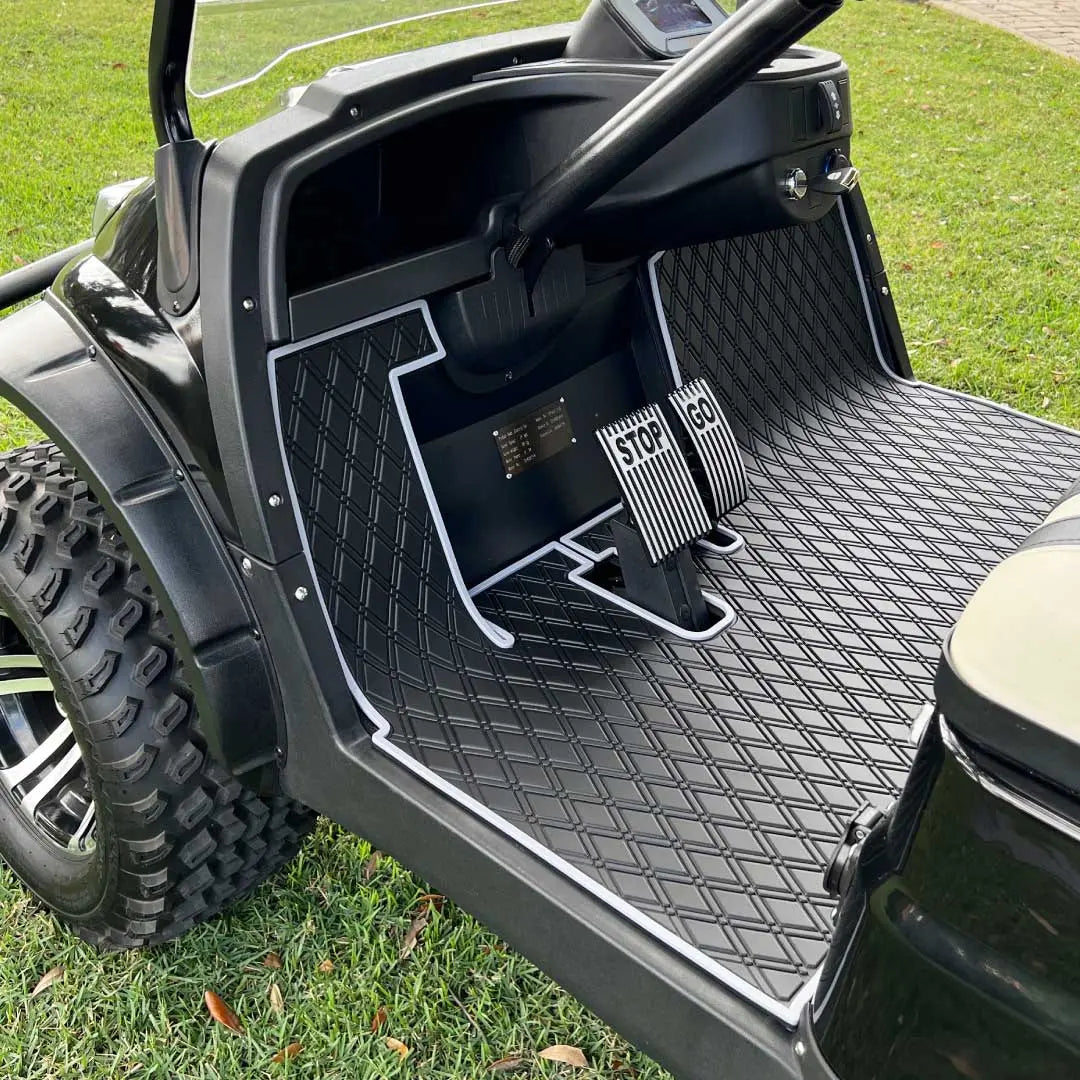 ICON and Advanced EV golf cart floor mat black diamond design with grey trim coverage