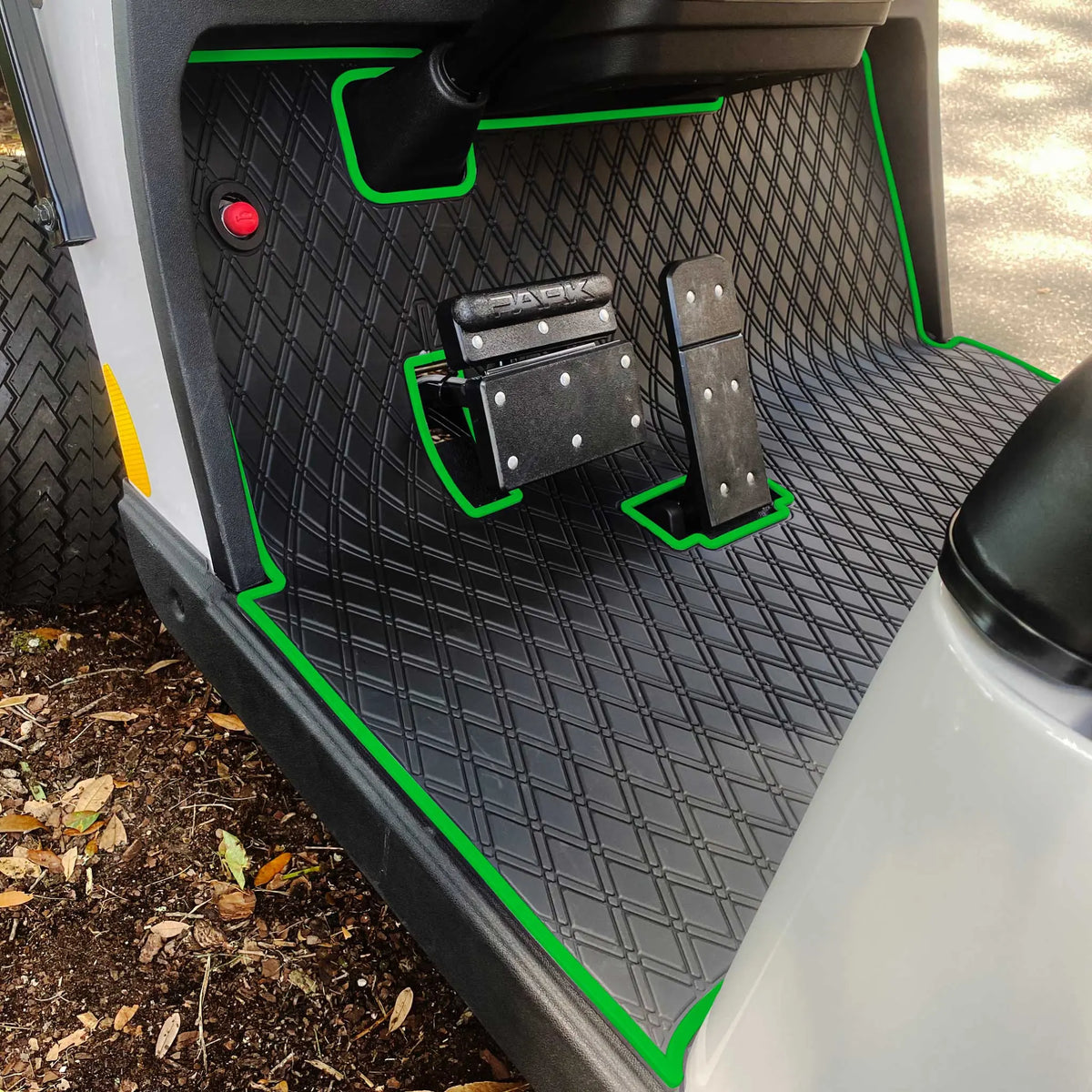 E-Z-GO TXT golf cart floor mat black diamond design with green trim full coverage- E-Z-GO TXT Floor Mats - Fits All TXT Trims (1996+)/S2 (2020 & earlier) / Workhorse/Express S4 (2020 & earlier)/Valor (2022 & earlier)/Medalist 1993-1995/Cushman/TXT Style Navitas Frame