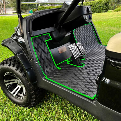 ICON and Advanced EV golf cart floor mat black diamond design with green trim full coverage 