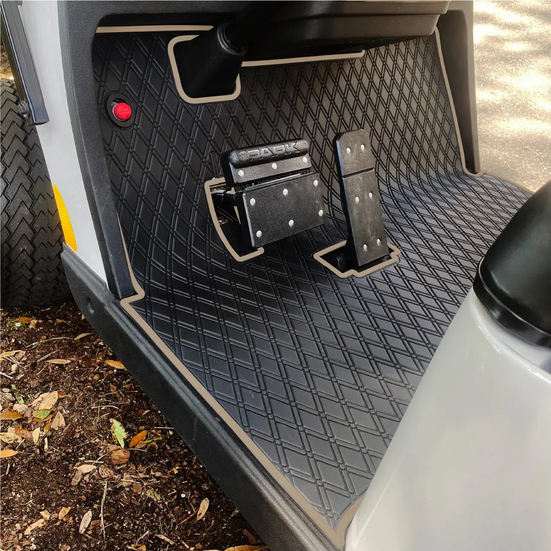 E-Z-GO TXT golf cart floor mat black diamond design with beige trim full coverage