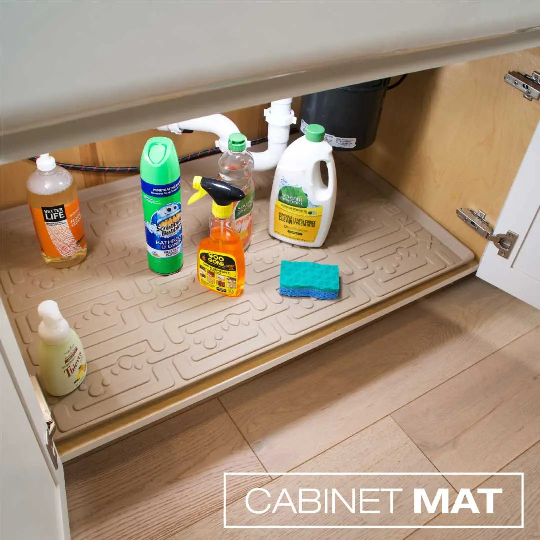 Beige Under Sink Cabinet Mat with Products