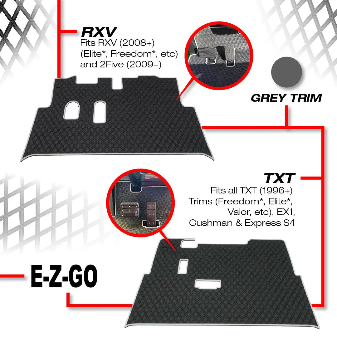 E-Z-GO TXT Floor Mats - Fits All TXT Trims (1996+)/S2 (2020 & earlier) / Workhorse/Express S4 (2020 & earlier)/Valor (2022 & earlier)/Medalist 1993-1995/Cushman/TXT Style Navitas Frame